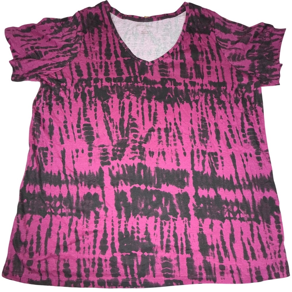 Woman Within V-Neck Tie Dye T-Shirt Plus 1X 22/24 Pink Black Soft Cotton Blend